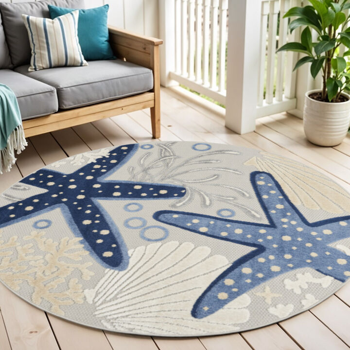 HomeRoots 4' Navy Blue And Gray Round Starfish Indoor Outdoor Area Rug