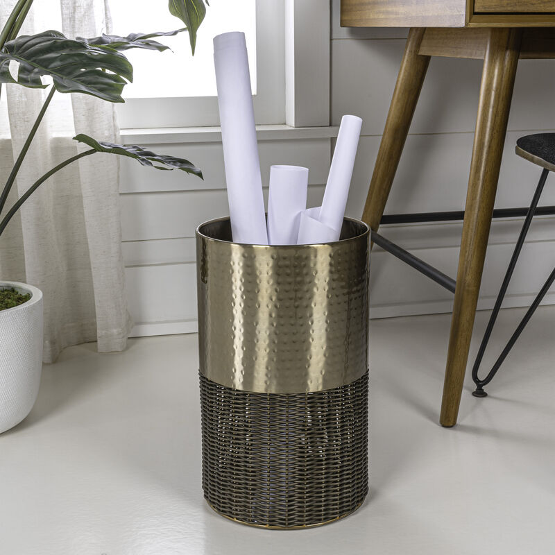 Asher Modern 2-Tone Faux Wicker/Metal Cylinder Waste Basket image number 2