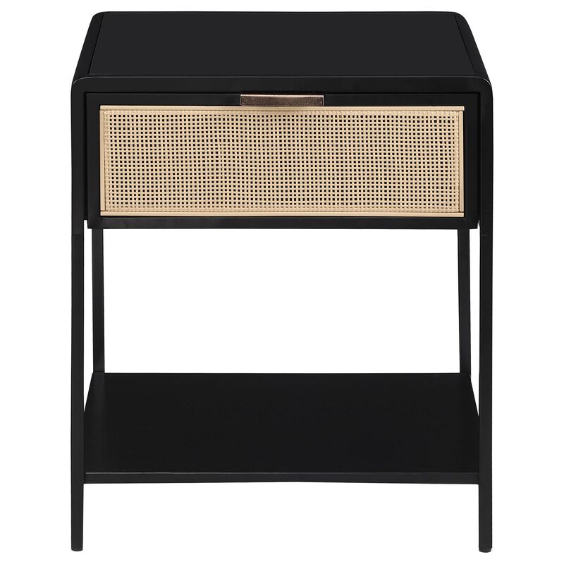 Lanie Bedside Table with Drawer and Open Shelf, PE Cane, Black Metal