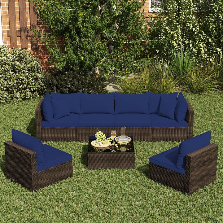 Mondawe 7 Pieces Patio Rattan Furniture Set with Sectional Sofa Cushioned