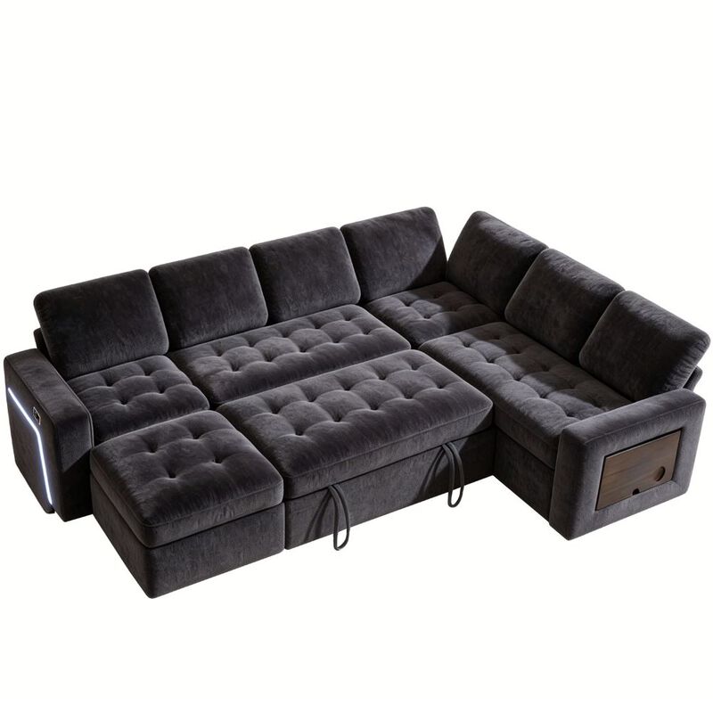 102" L-Shaped Chenille Modular Sectional Sleeper Sofa with Pullout Bed, Reclining Backrest, USB image number 0