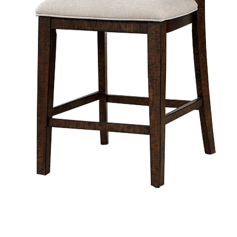 Shaw 25 Inch, Counter Height Chair, Slatted Back, Beige Seat, Brown Wood