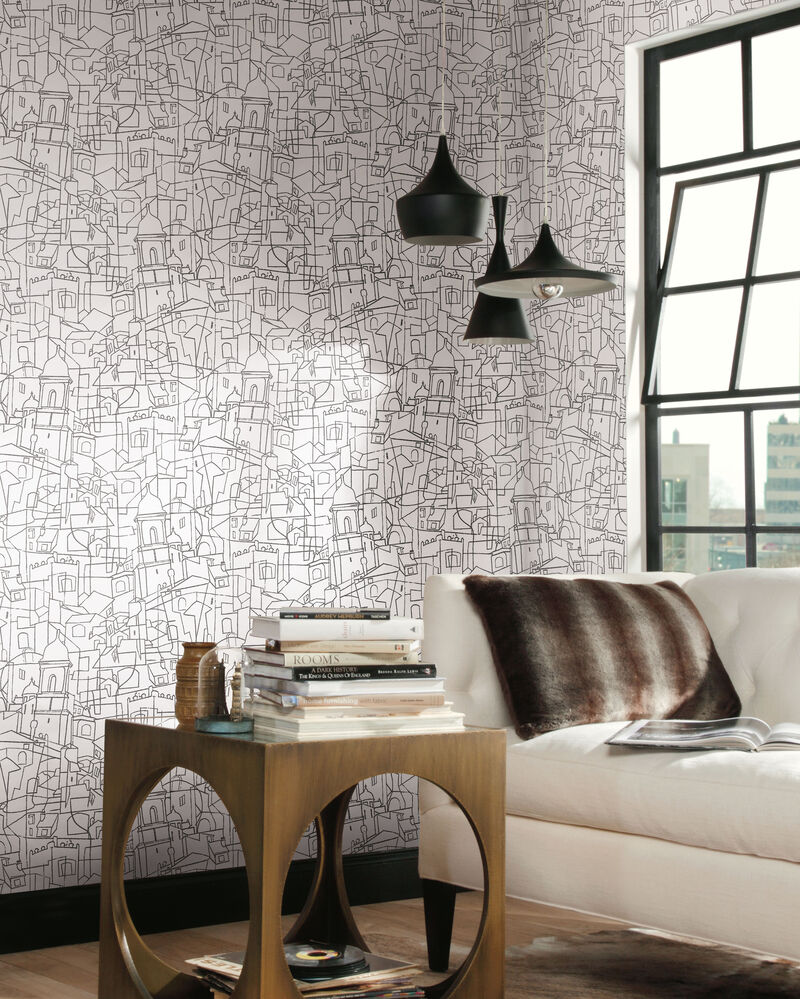 Cubist Cityscape Black Peel & Stick Wallpaper image number 1