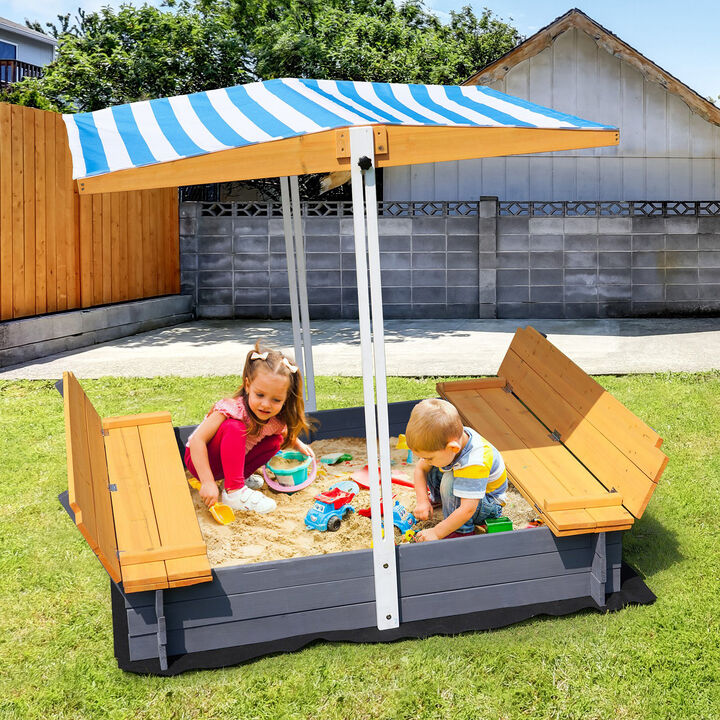 Outdoor Wooden Sandbox with Adjustable Canopy, Foldable Seats and Bottom Liner for Kids