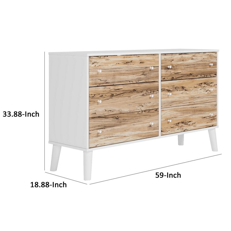 Asher 59 Inch Contemporary Dresser, 6 Drawers, White and Natural Brown-Benzara image number 5