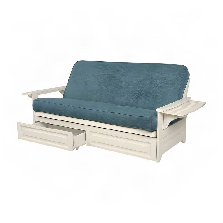 Phoenix Frame-Antique White Finish-Linen Aqua Mattress-Storage Drawers