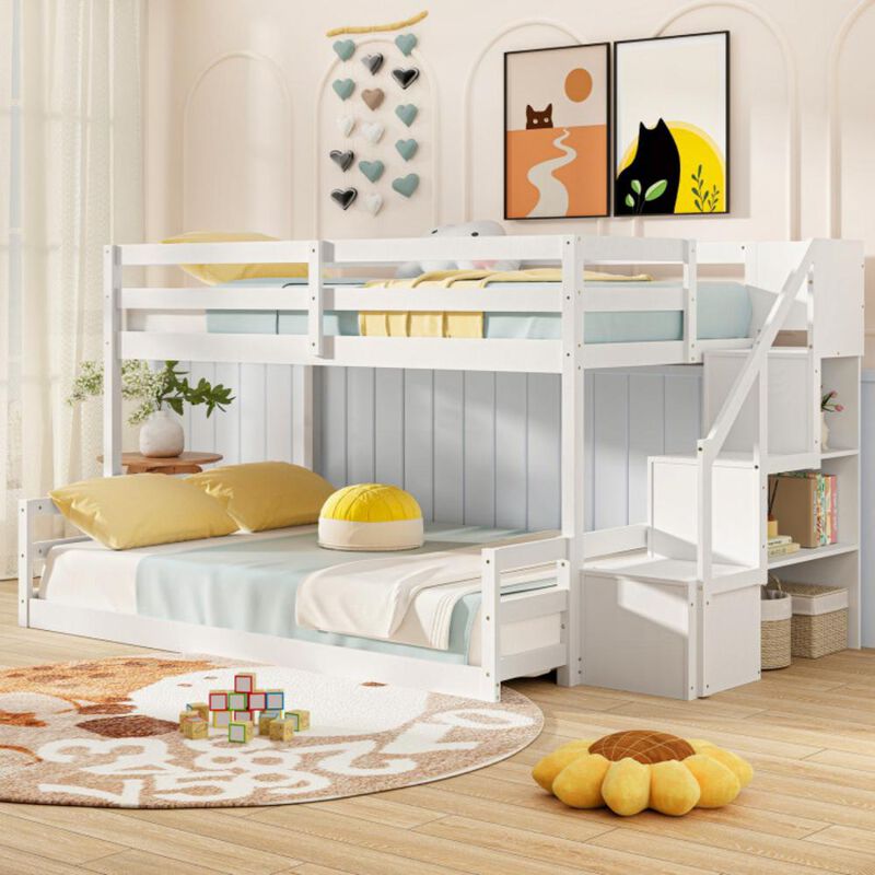 Hivvago Solid Wood Twin Over Full Low Bunk Bed with Storage Stairs