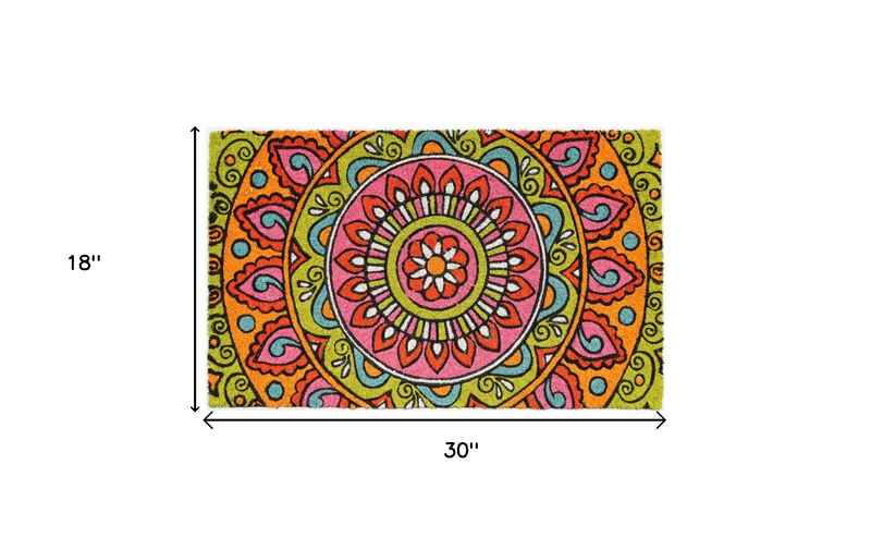HomeRoots 18" X 30" Green and Pink Coir Abstract Outdoor Door Mat image number 4