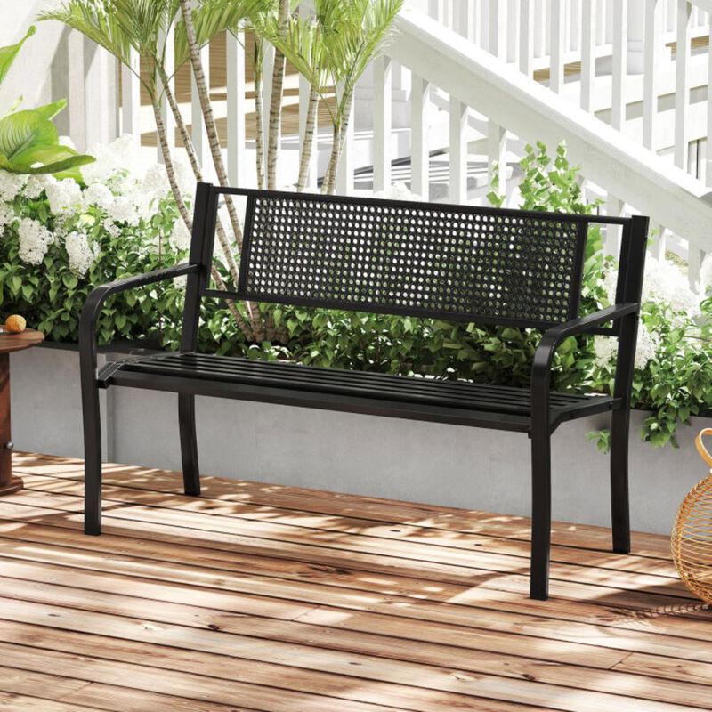Hivvago 50 Inches Garden Bench with Patterned Backrest and Curved Armrests