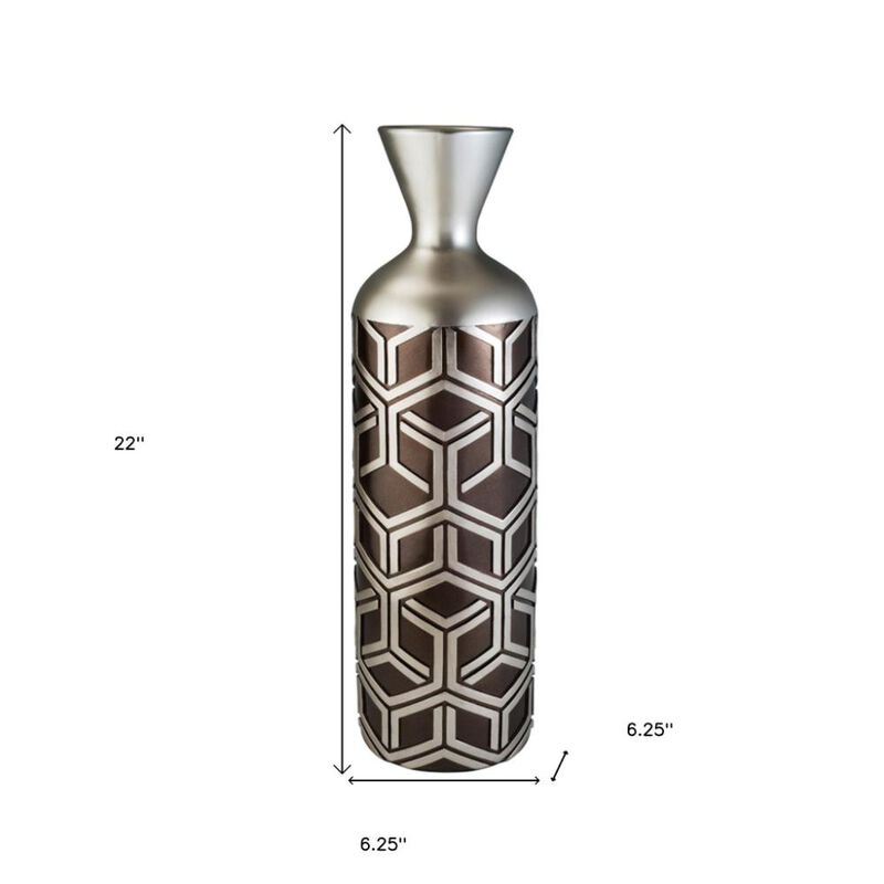 Hivvago 22 Inch Brown and Silver Geometric Cylinder Polyresin Floor Vase
