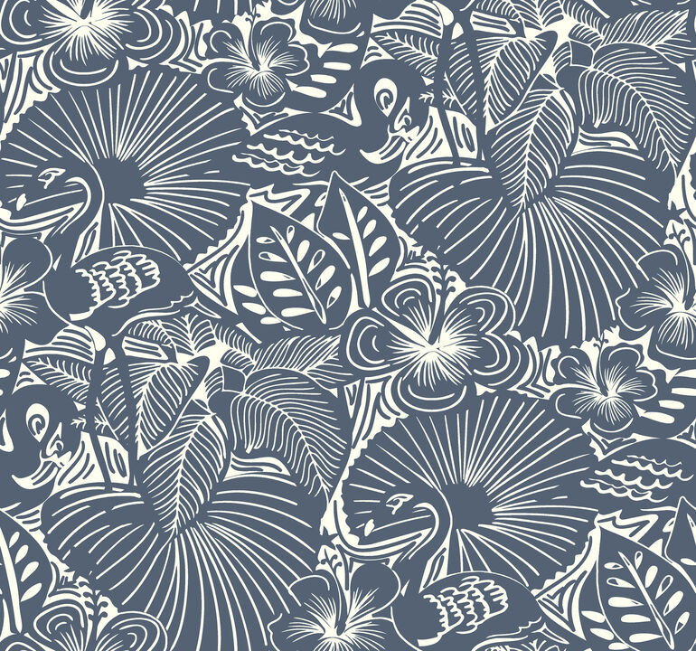 Idalia Navy Floral Flamingo Wallpaper