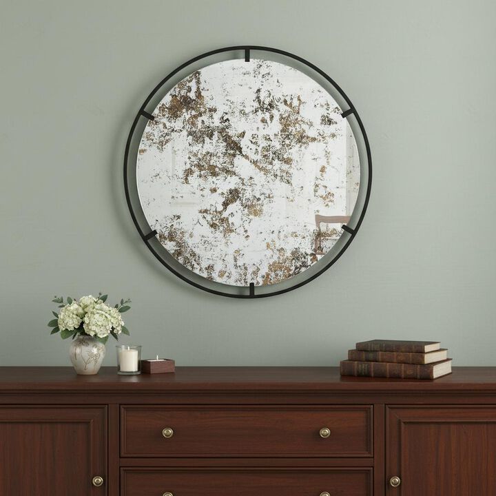HomeRoots 32" Black Round Iron Framed Accent Mirror