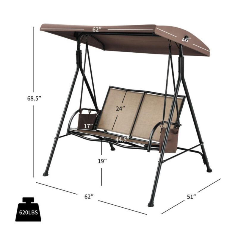 Hivvago 2-Person Patio Swing with Adjustable Canopy and 2 Storage Pocket-Brown