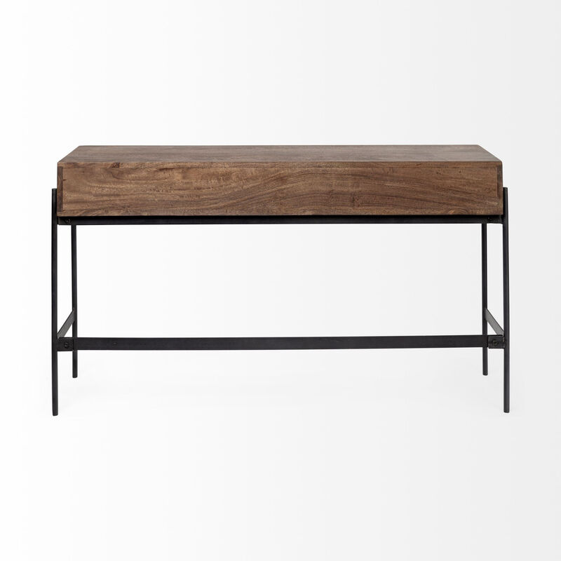 HomeRoots 56" Brown and Black Solid Wood and Metal Distressed Console Table With Four Drawers image number 3