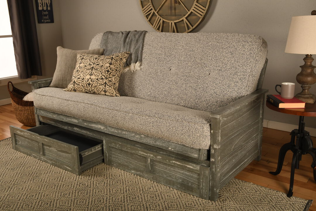 Lexington Frame in Weathered Gray Finish Includes Taxi Woodsmoke Mattress and Storage Drawers