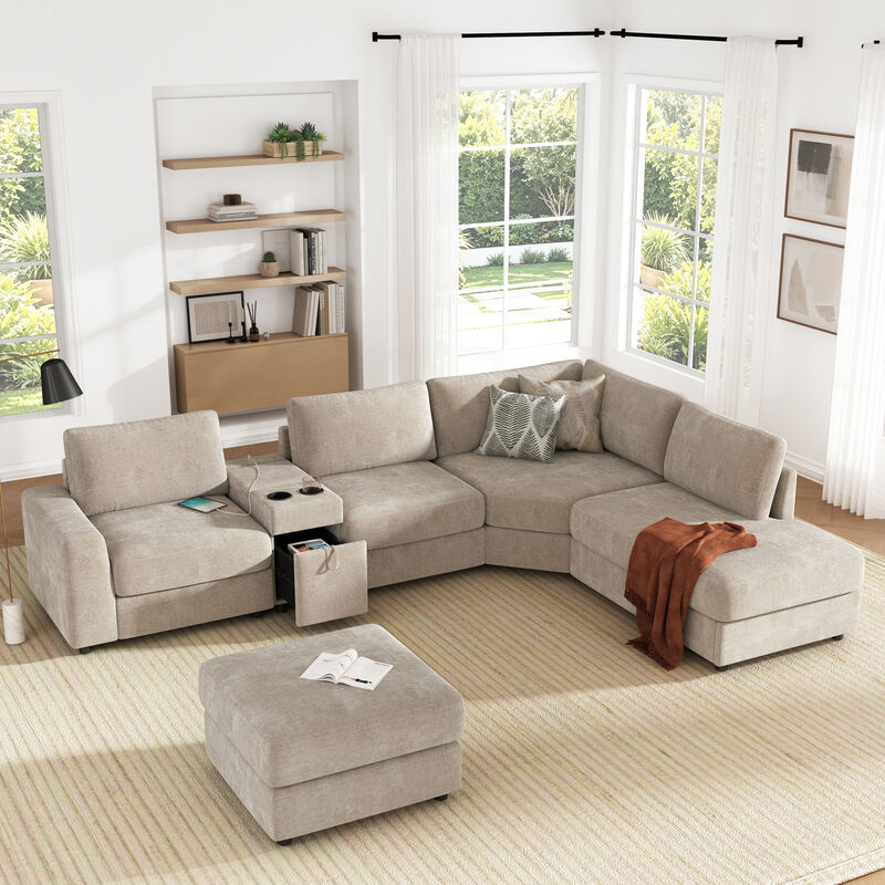 Merax Customizable Modular Sofa with Cloud-Like Comfort, Movable Ottoman, Flippable Console Lid image number 2