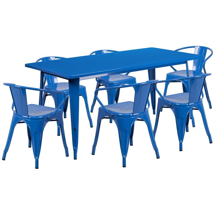 Flash Furniture Commercial Grade 31.5" x 63" Rectangular Blue Metal Indoor-Outdoor Table Set with 6 Arm Chairs
