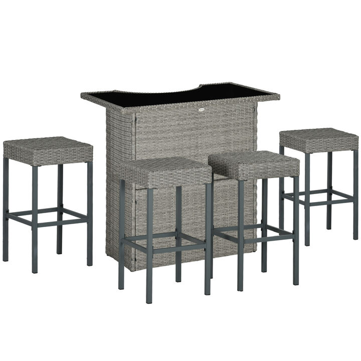 Outsunny 5 Piece Rattan Wicker Bar Set, High Top Outdoor Table and Chairs, Bar Height Patio Set with Glass Tabletop, 2 Tier Storage Shelf, and 4 Bar Stools for Garden, Poolside, Gray