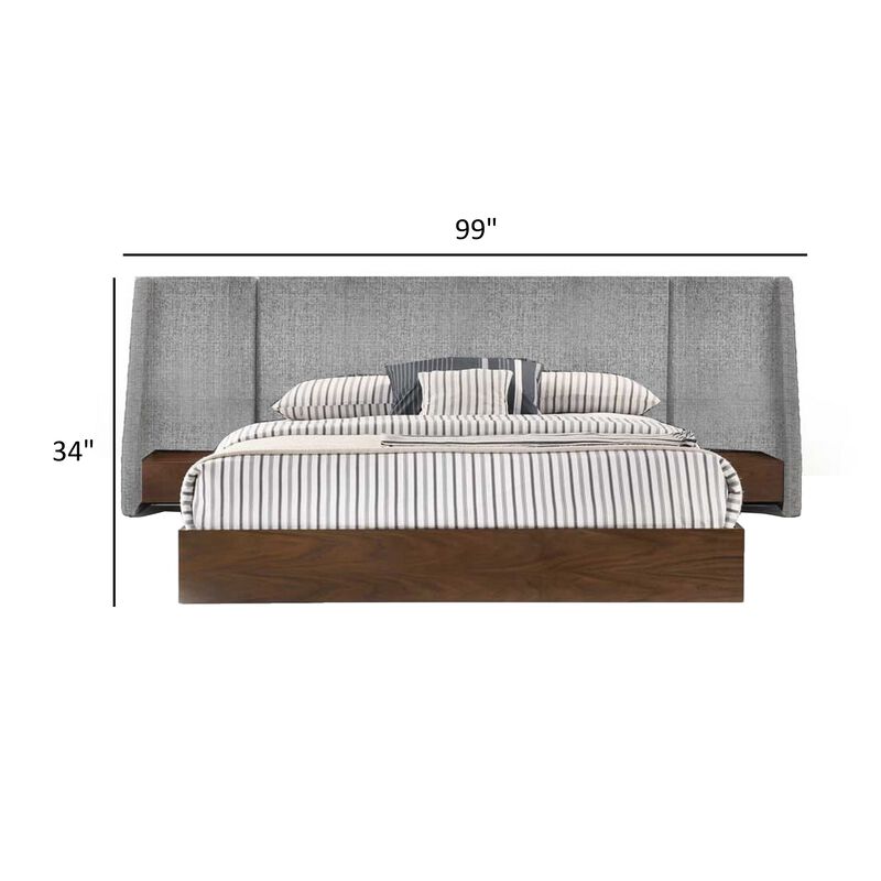 Nie Queen Bed, Gray Upholstered Wide Wall Headboard, Walnut Brown Wood - Benzara image number 5