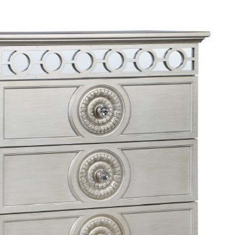 Nic 54 Inch Modern Tall Dresser Chest, 5 Drawers, Round Knobs, Silver - Benzara