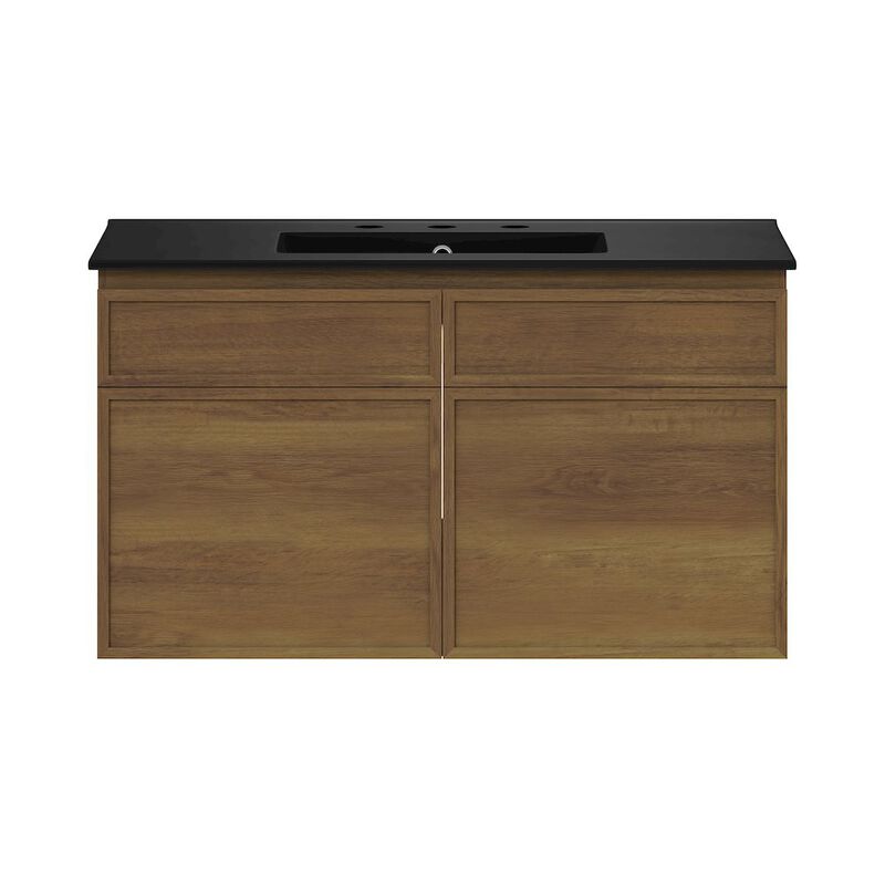 36" Wall-Mounted Bathroom Vanity in Brown Oak, Black 3-Hole Widespread Sink Top image number 0