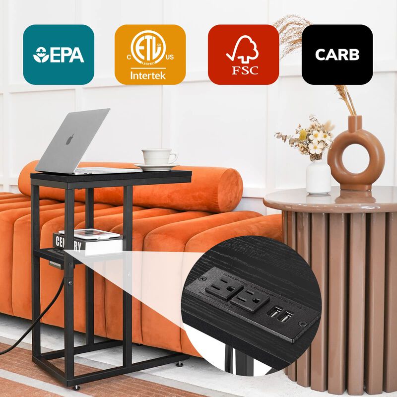 Yoobure C Shaped End Table with Charging Station, Small Side Tables for Living Room, Bedroom, Sofa Table with USB Ports and Outl