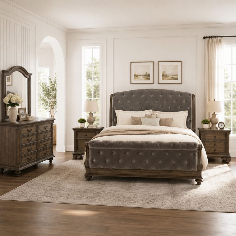 Queen Bedroom Set, Gray, Brown Wood, 5 Piece Set with 2 Nightstands, Dresser, and Mirror image number 8