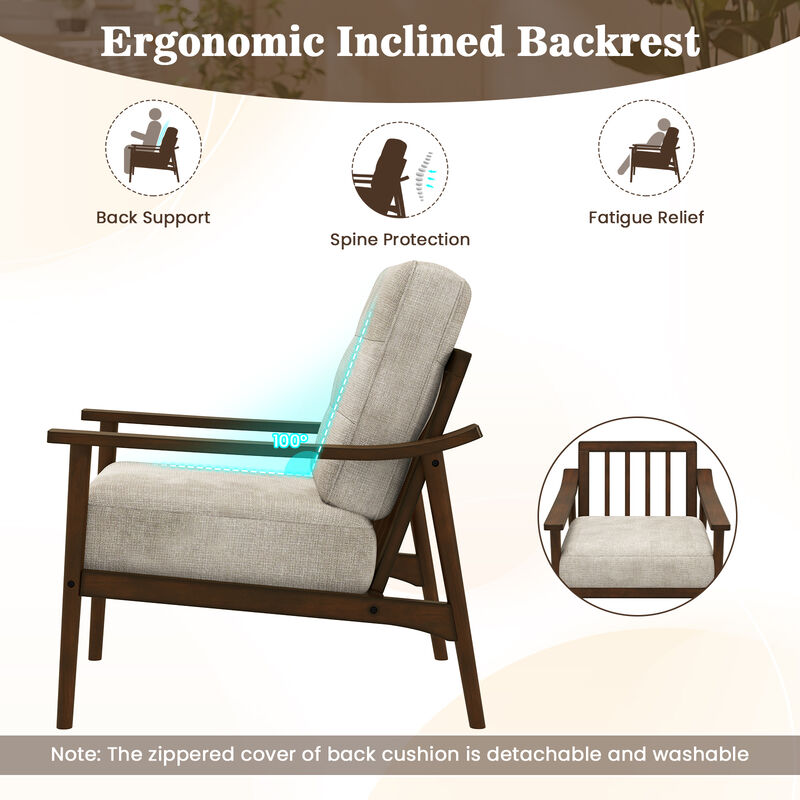 Rubber Wood Frame Modern Accent Chair with Armrests for Living Room Decor