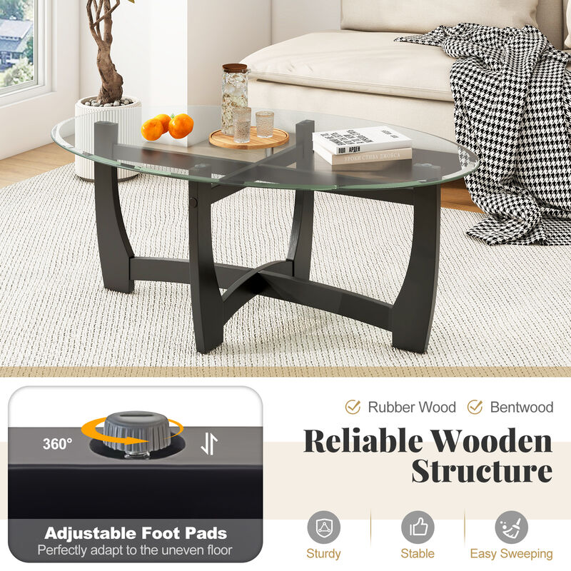 Oval Coffee Table with Tempered Glass Tabletop and Rubber Wood Legs