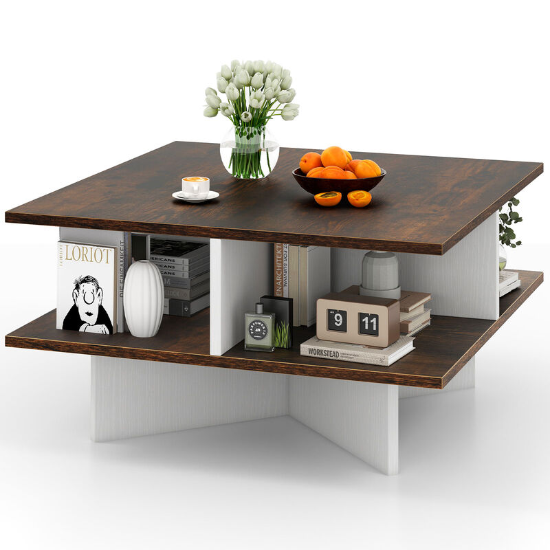 Modern 2-Tier Square Coffee Table Featuring 4 Functional Storage Compartments