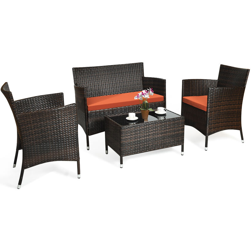 4 Pieces Comfortable Outdoor Rattan Sofa Set with Glass Coffee Table