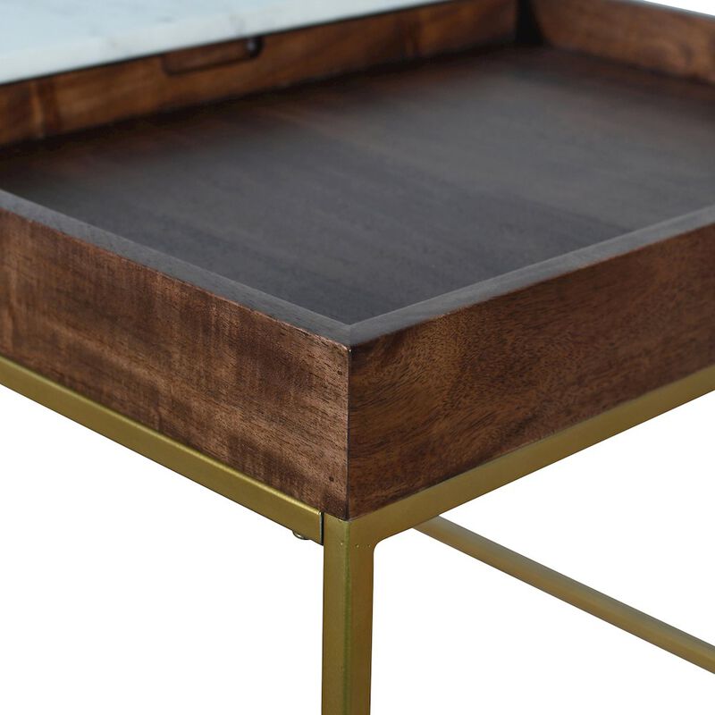 World Interiors Aurora 45" Coffee Table in White Marble and Mango Wood with Walnut Finish image number 5