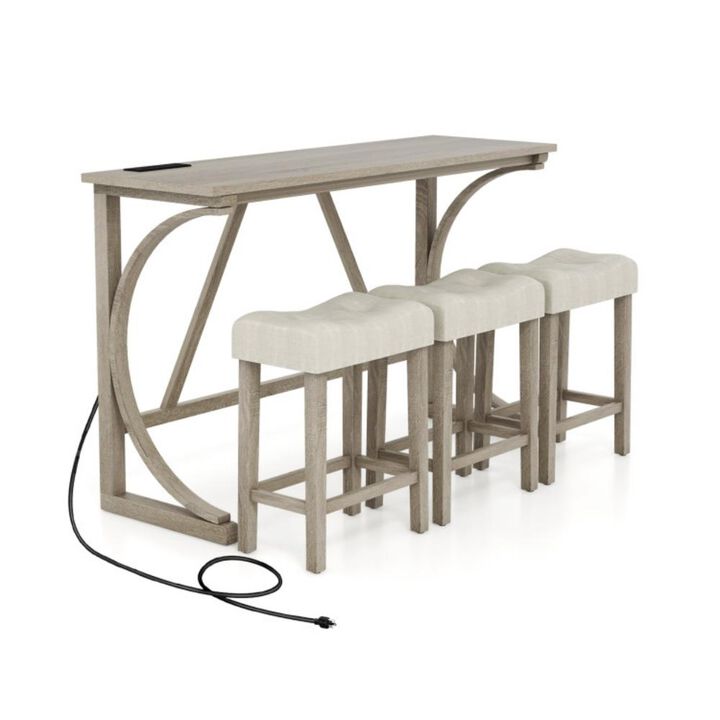 4-Piece Bar Table Set with Power Outlet and Upholstered Saddle Seat Stools