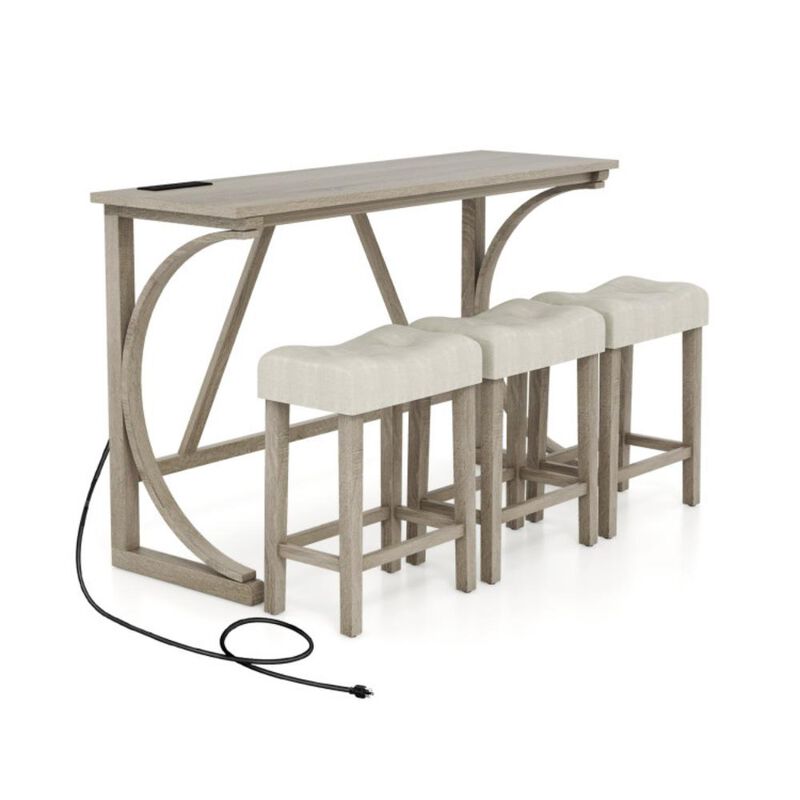 4-Piece Bar Table Set with Power Outlet and Upholstered Saddle Seat Stools