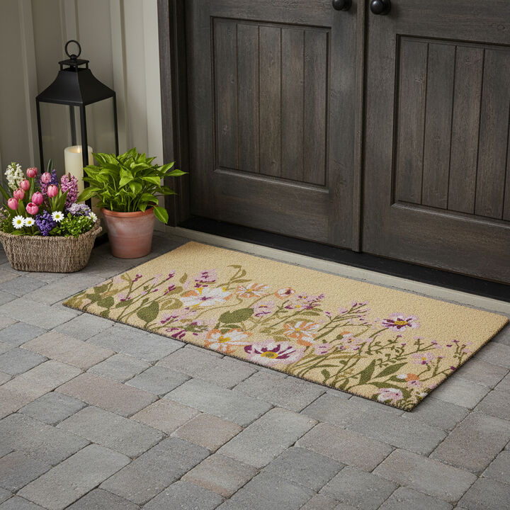 HomeRoots 18" X 40" Brown Green And Purple Floral Outdoor Coir Door Mat