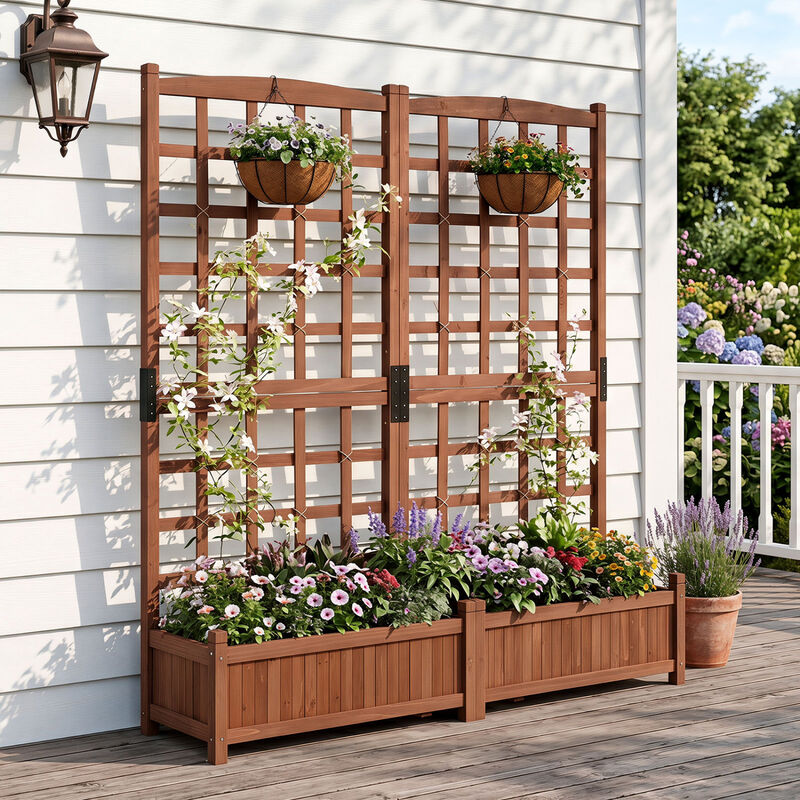 Dual Wooden Raised Garden Bed with Trellis and Drainage Holes image number 2