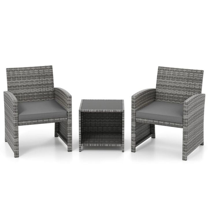 Hivvago 3 Pieces Patio Furniture Set with Tempered Glass Coffee Table and Soft Seat Cushions