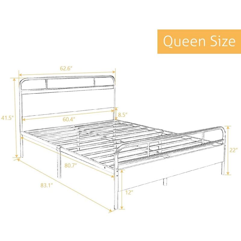 Hivvago Queen Size Industrial Metal Wood Platform Bed Frame with Headboard and Footboard