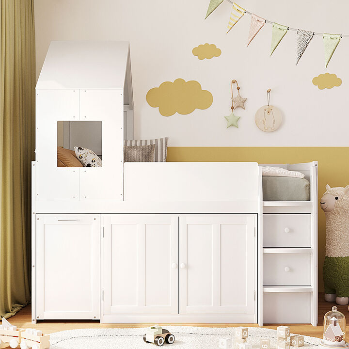 Merax Twin Size House-Style Loft Bed with Rolling Desk & Full Storage System