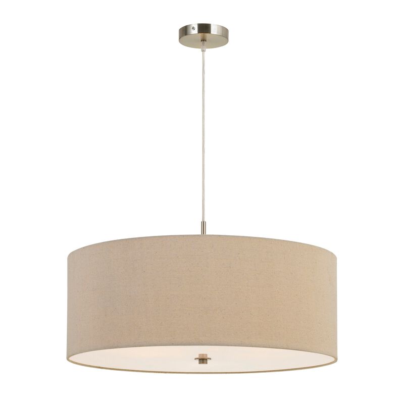 60W x 3 Drum Shade Pendant Fixture, Beige and Silver - Benzara