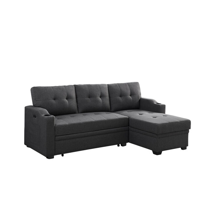 Mabel Dark Gray Linen Fabric Sleeper Sectional with cup holder, USB charging port and pocket