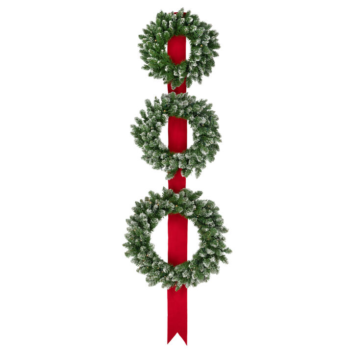 Set of 3 Pre-Lit B/O Flocked Wreaths on Red Ribbon Christmas Decoration  6.5'