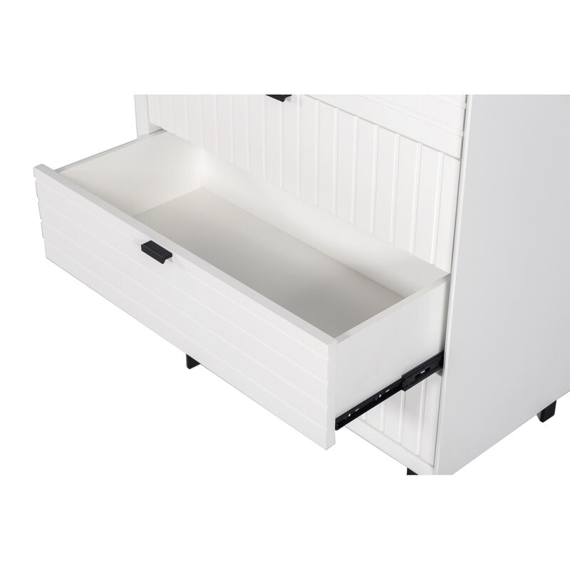 Wooden 5 Drawer Chest with Bar Pulls and Metal Straight Legs, White-Benzara image number 3