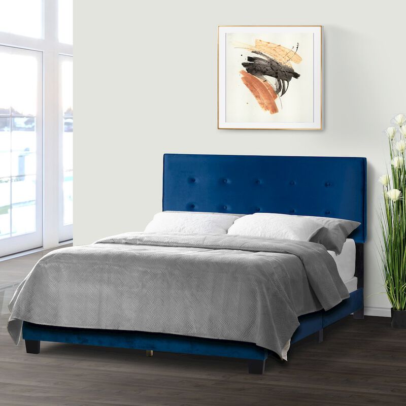 Glamour Home Auryon Navy Blue Velvety Fabric Queen Bed with Button Tufting