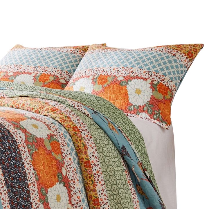 2pc Twin Quilt and Pillow Sham Set, Floral and Songbirds Prints, Multicolor - Benzara