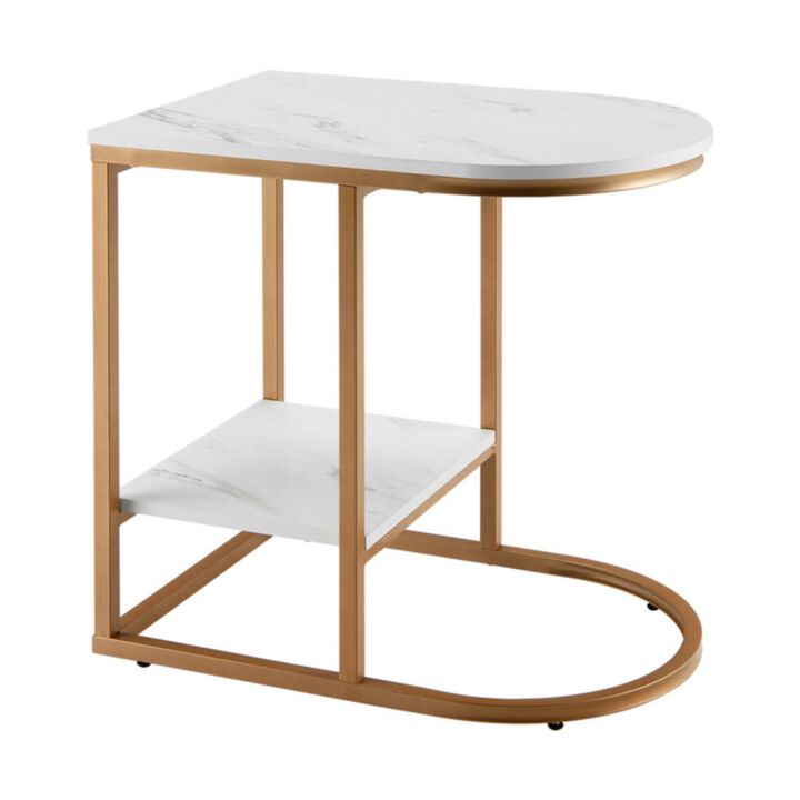 Hivvago C-shaped Side Table with Faux Marble Tabletop and Golden Steel Frame-White
