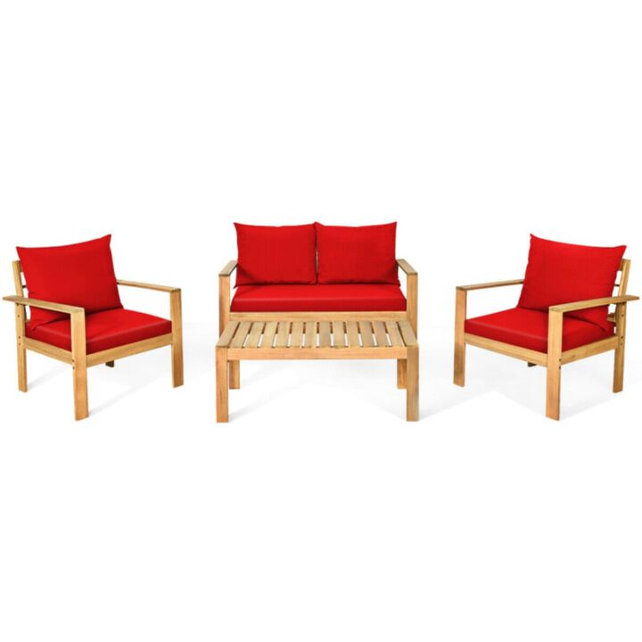Outdoor 4 Pieces Acacia Wood Chat Set with Water Resistant Cushions