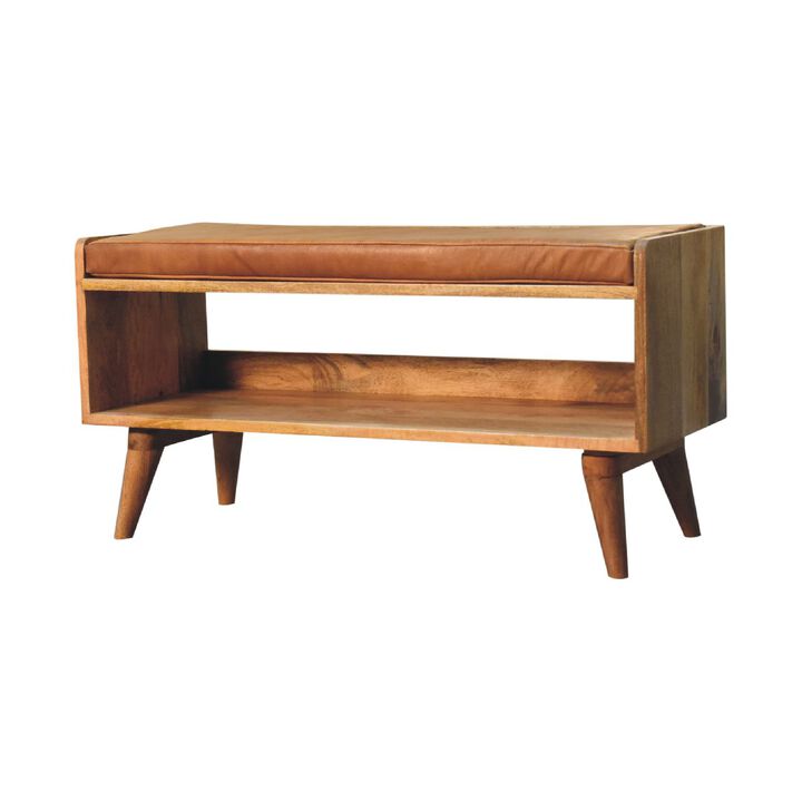 Artisan Furniture Oak-ish Bench with Tan Leather Seat-pad