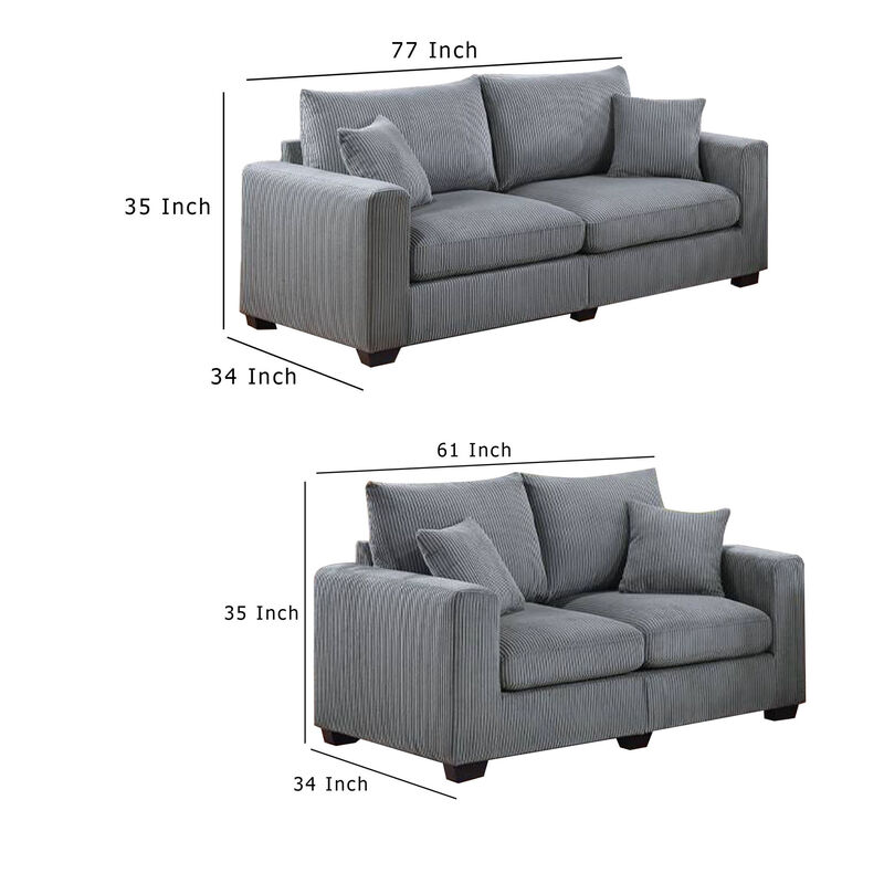 Jesica 2pc Loveseat n Sofa Set, 2 Accent Pillows, Gray Corduroy Fabric - Benzara
