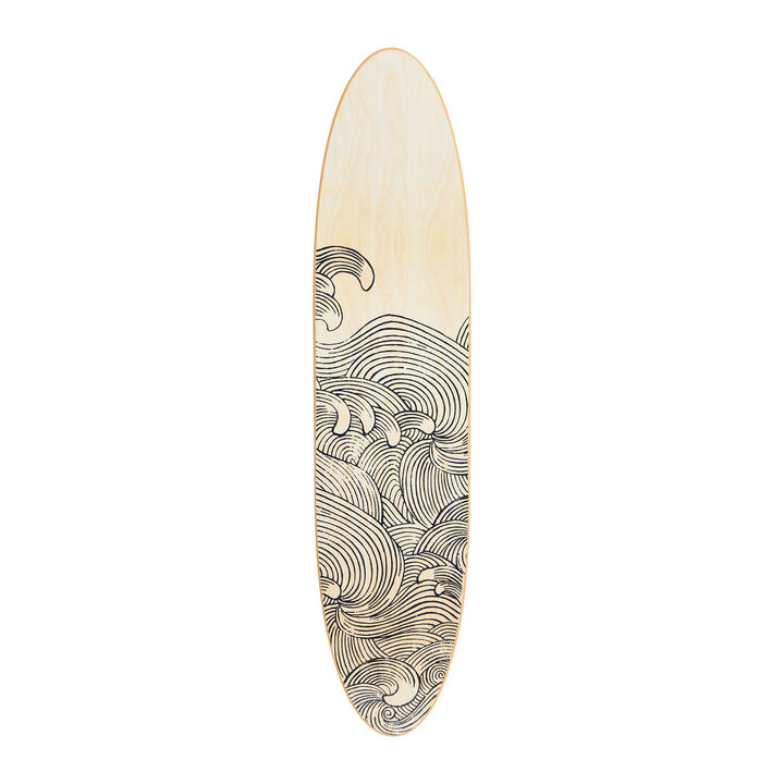 Coastal Decorative Surfboard Wall D&eacute;cor for Living Room; Contemporary Wave Design Overlaid On Light Natural Wood